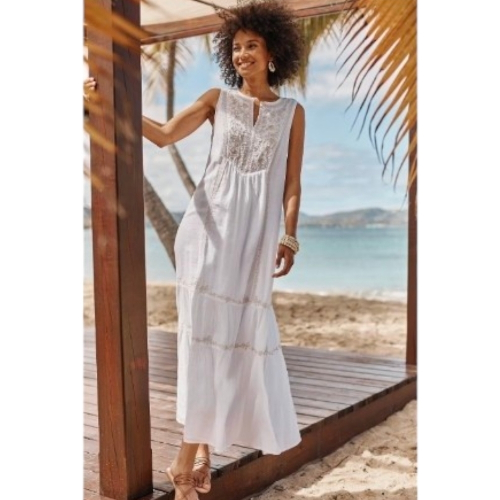 J.Jill Capri Embroidered Maxi Dress In White, Barley Size Small New